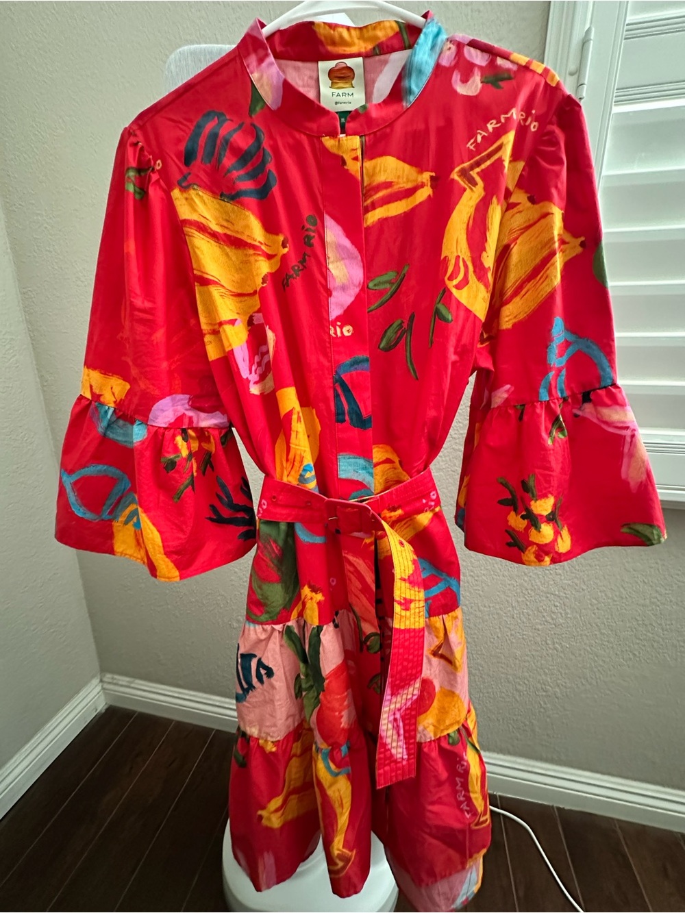 Farm Rio Womens Belted Printed Cotton-Poplin Mini Shirt Dress